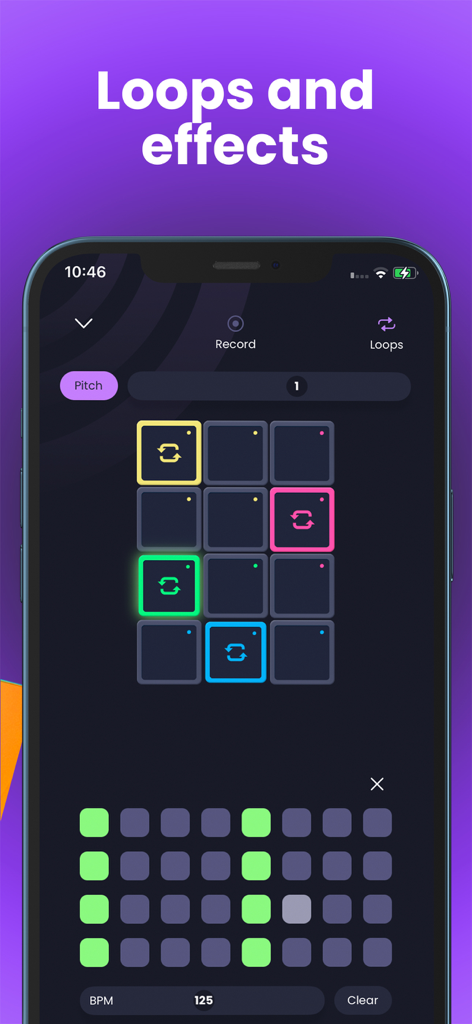 Trap Drum Pads Guru - Trap Drum Pads Guru app interface showing the loops and effects screen with colorful drum pads and a step sequencer