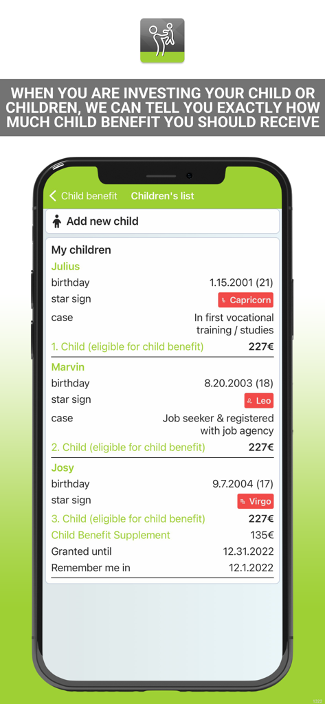 Screenshot showing a list of children with their birth dates and calculated child benefit amounts
