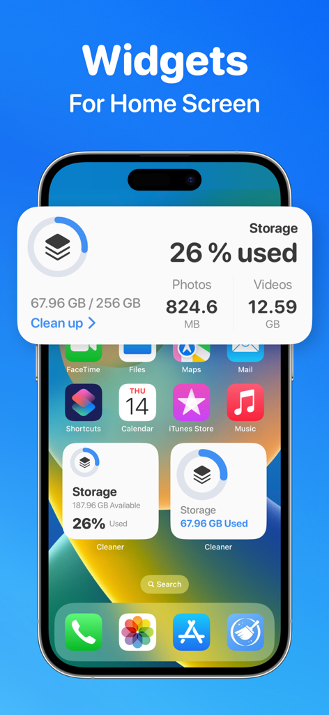 아이폰 홈 화면에 CleanUp Storage 앱의 다양한 저장 공간 모니터링 위젯이 표시됩니다.