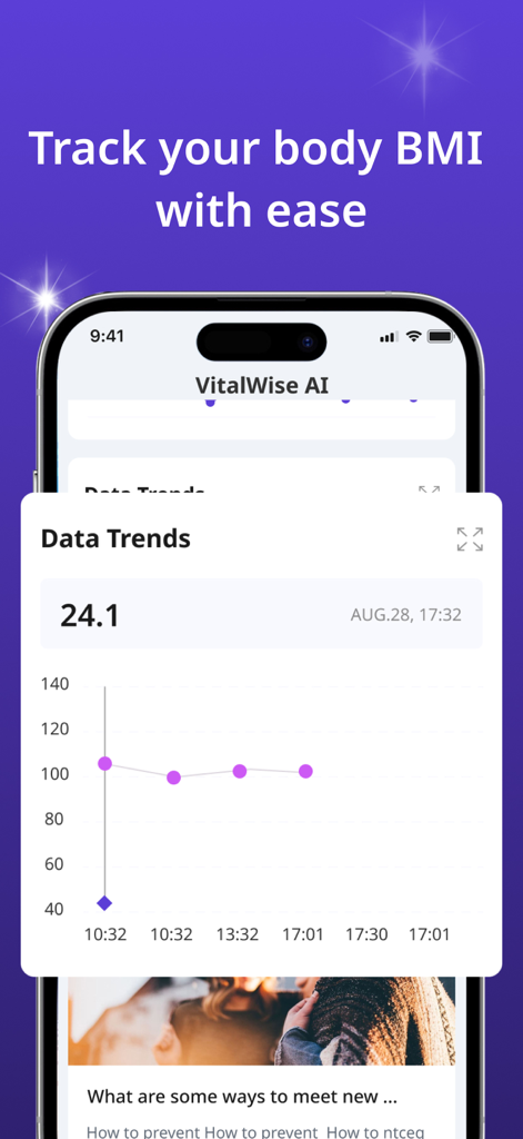 VitalWise AI: Heart & Pulse - A mobile app interface showing a BMI tracker with a data trends graph.