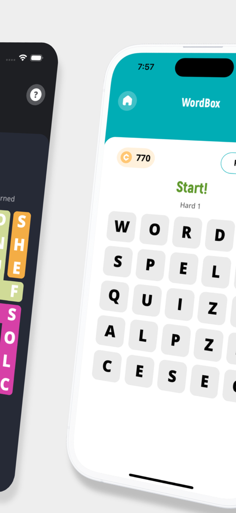 Strands WordBox Word Search - A minimalist mobile word search game interface showing a grid of letters and the level difficulty labeled Hard 1.
