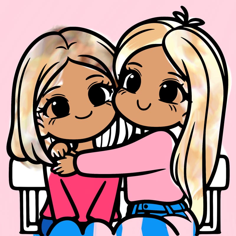 2 girls hugging, one girl has short hair the other girl had long hair