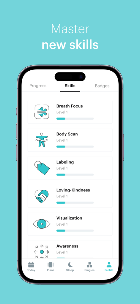 Balance: Meditation & Sleep - The profile section of the Balance app showing a list of meditation skills like Breath Focus and Body Scan with progress tracking bars.
