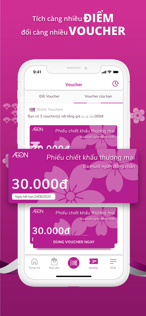 AEON Vietnam - Interfaz de la aplicación móvil AEON Vietnam que muestra bonos de compra digitales y el intercambio de puntos de recompensa