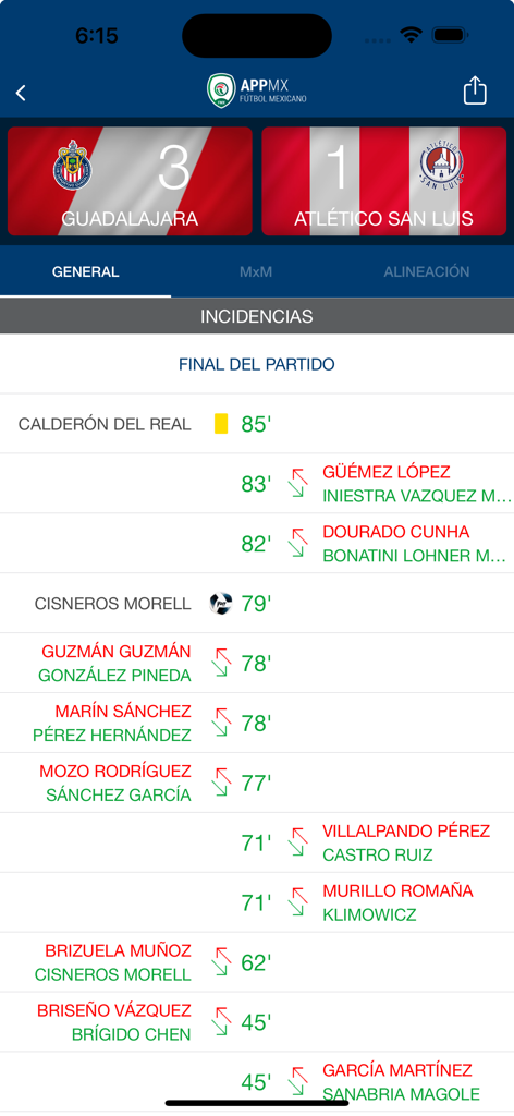 Pantalla de la aplicación móvil AppMX mostrando incidentes del partido de fútbol y resultados finales.