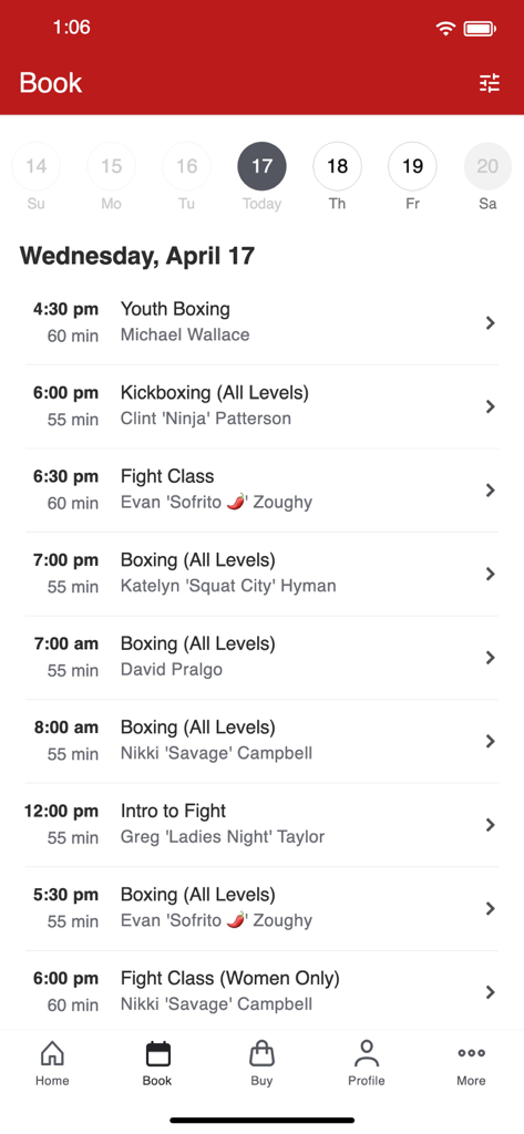 Work Train Fight - Work Train Fight app screen showing a list of boxing and kickboxing classes available for booking