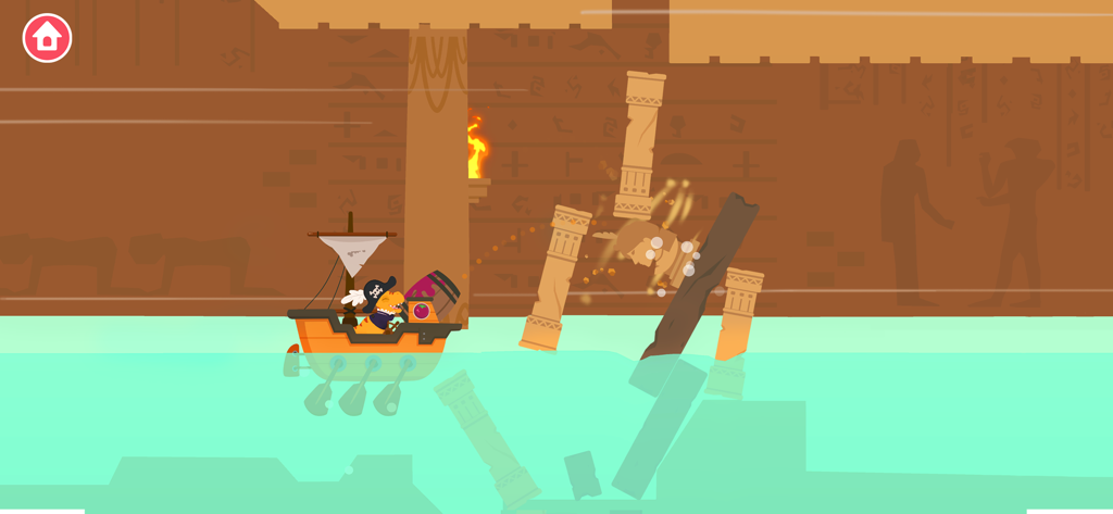 Dinosaur Pirate Games for kids - A dinosaur pirate sailing a ship through an Egyptian temple with falling pillars.