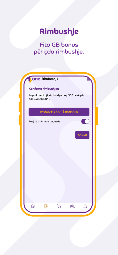 My One (AL) - Pantalla de confirmación de recarga móvil en la aplicación My One Albania con un botón de pago