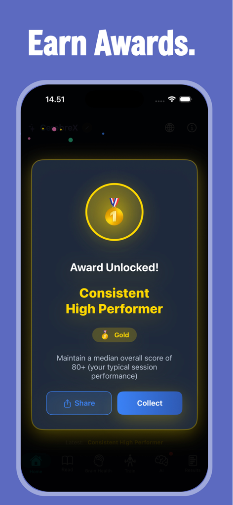 Pantalla de la aplicación CerebreX que muestra una medalla de oro por logros de alto rendimiento constante.