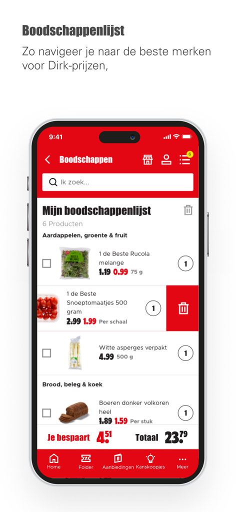 Interface do aplicativo Dirk Supermarkt mostrando uma lista de compras digital com itens e economia de preço