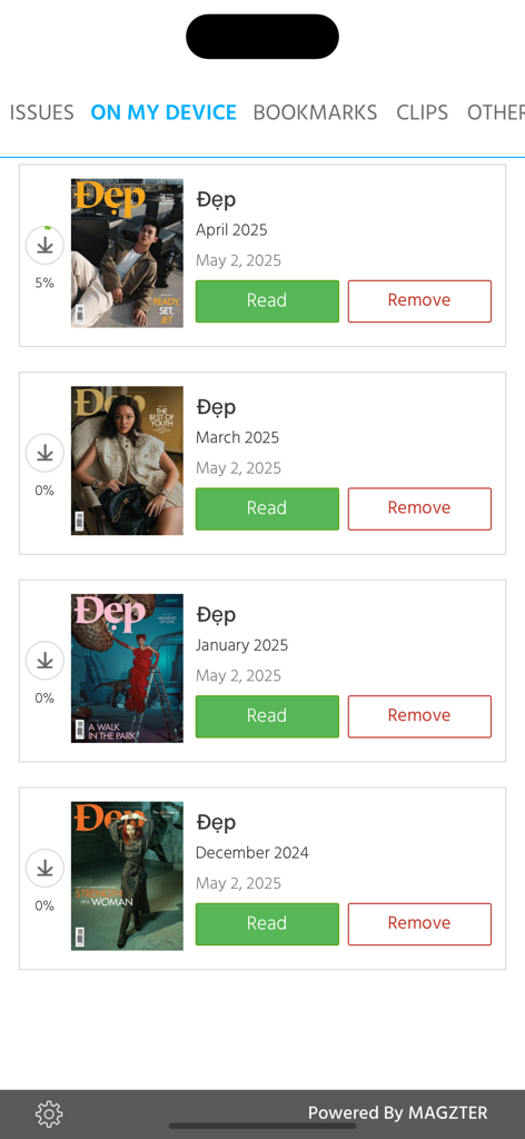 Library view of Đẹp Magazine app showing a list of downloaded issues from 2024 and 2025