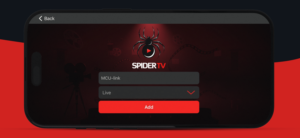 Interface do aplicativo The Spider HD mostrando a tela de adição de link MCU com um logotipo de aranha e um botão vermelho de adição