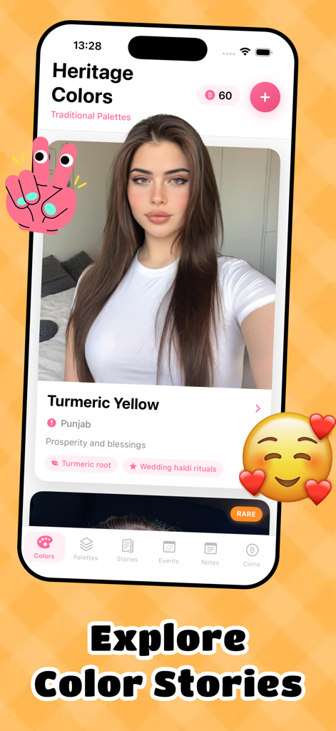 OMeet - Meet People Now & Chat - パンジャブのターメリックイエローを特徴とするOMeet遺産のカラー物語を表示するスマートフォン画面