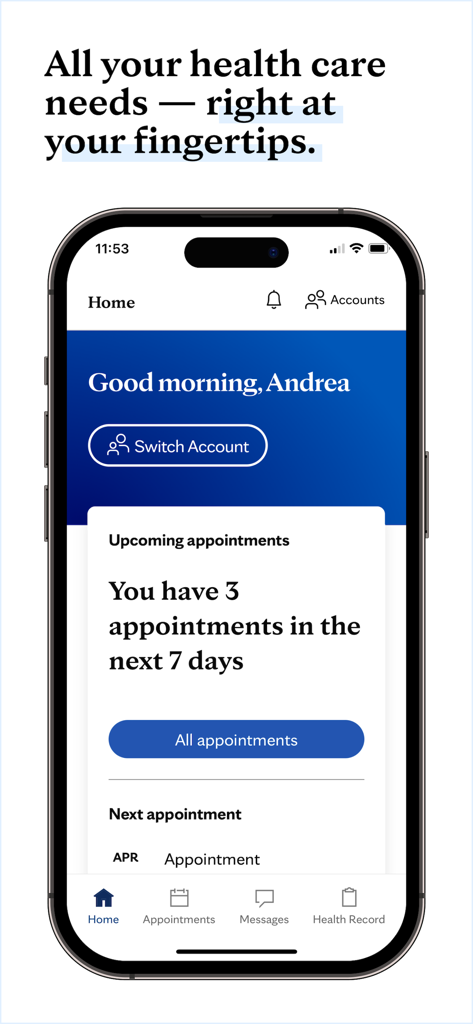 Mayo Clinic - Mayo Clinic app home screen displaying upcoming patient appointments and health management features