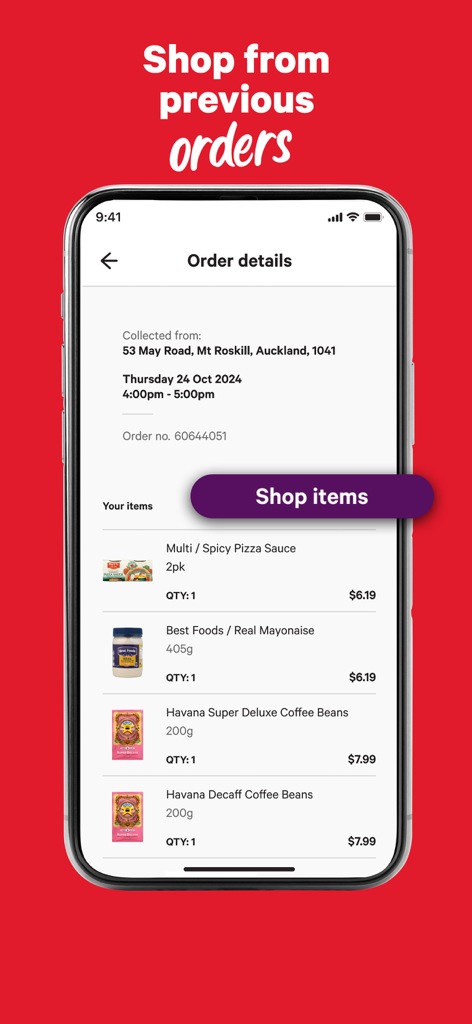New World NZ - A smartphone screen showing the New World NZ app displaying details from a previous grocery order with a shop items button