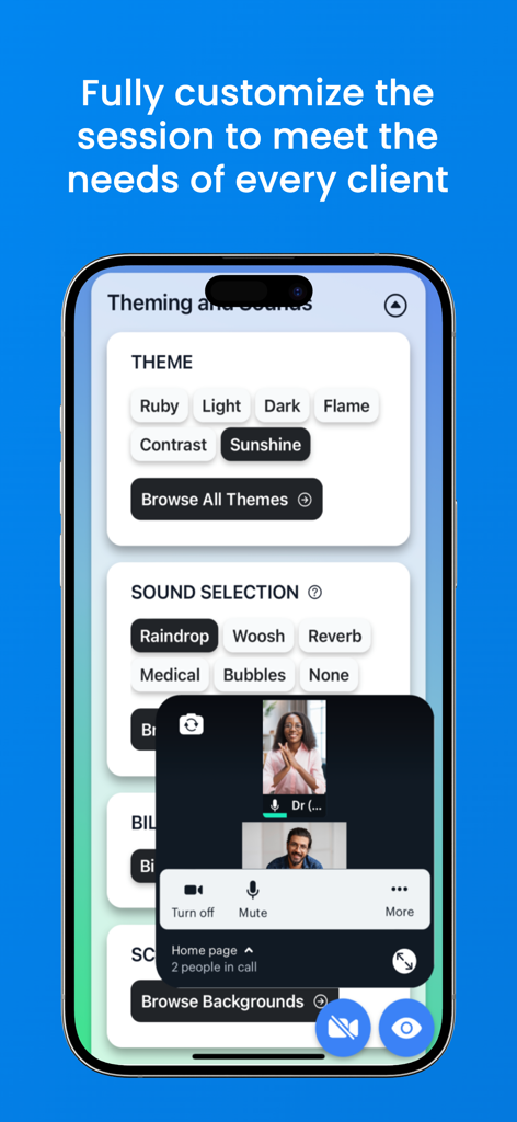 Teletherapy by Easy EMDR - Interfaz de la aplicación Teleterapia de Easy EMDR que muestra opciones de personalización para temas de sesión y selecciones de sonido para terapeutas.