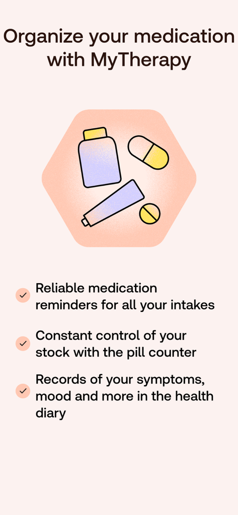 Meds & Pill Reminder MyTherapy - MyTherapy App Übersicht mit Hervorhebung von Medikamentenerinnerungen, Pillenzähler und Gesundheitstagebuchfunktionen