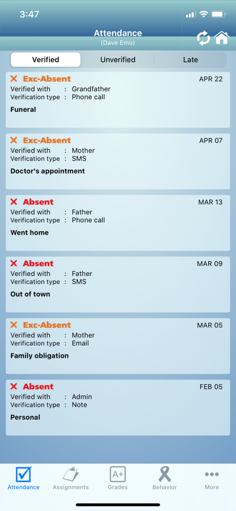 COOLSIS Family Access - Mobile app interface of COOLSIS Family Access showing a student attendance log with excused and unexcused absences and verification details.