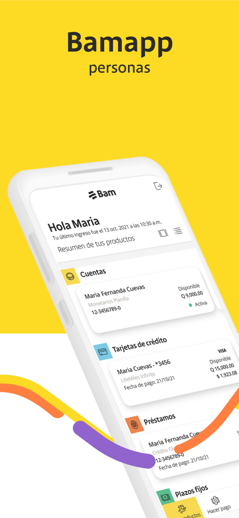 Bamapp Personas - Bamapp Personas mobile banking app home screen showing product summary including accounts and credit cards