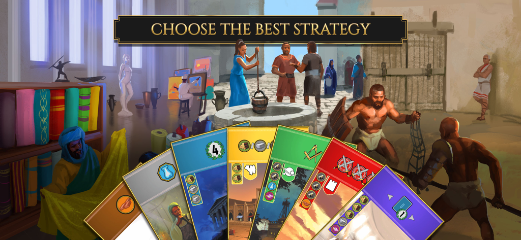 7 Wonders - Mano de coloridas cartas de estrategia en el juego móvil 7 Wonders