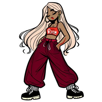 girl in baggy pants crop top and long hair