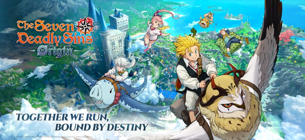 The Seven Deadly Sins: Origin - Anime characters flying over a vibrant fantasy open world with a large castle in The Seven Deadly Sins Origin.