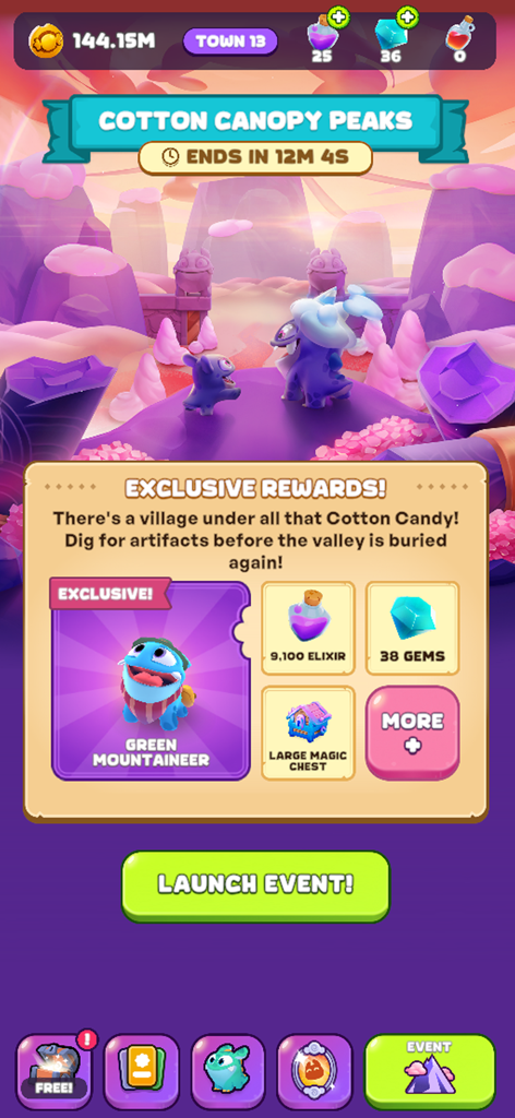 Candy Critters: Idle Merge - Event popup in Candy Critters Idle Merge showing exclusive rewards for Cotton Canopy Peaks including a Green Mountaineer character