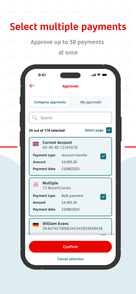 Santander Connect UK - Pantalla de smartphone que muestra la interfaz de aprobaciones de la aplicación Santander Connect UK donde un usuario puede seleccionar y autorizar hasta cincuenta pagos corporativos simultáneamente.