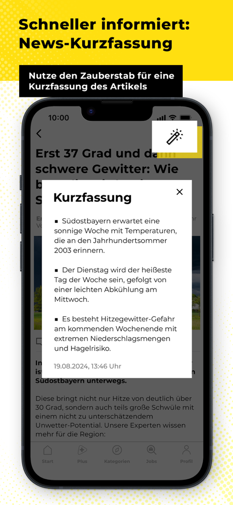 Innsalzach24 mobile app interface showing a summarized news article about local weather.