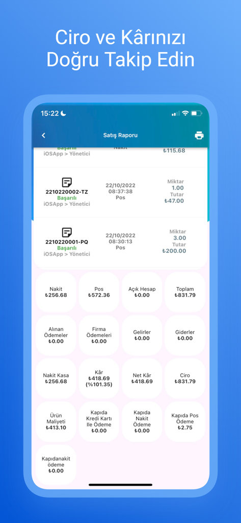 BenimPOS Pro mobile app interface displaying detailed sales reports and business financial summaries