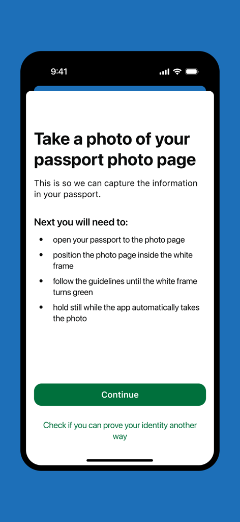 Pantalla de la aplicación GOV.UK One Login con instrucciones para tomar una foto de la página de una foto de pasaporte para la verificación de identidad.
