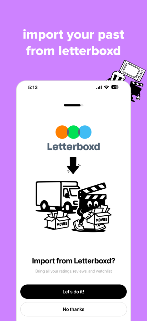 Flick: Rate Movies & Shows - Flick app onboarding screen showing the option to import movie data and history from Letterboxd