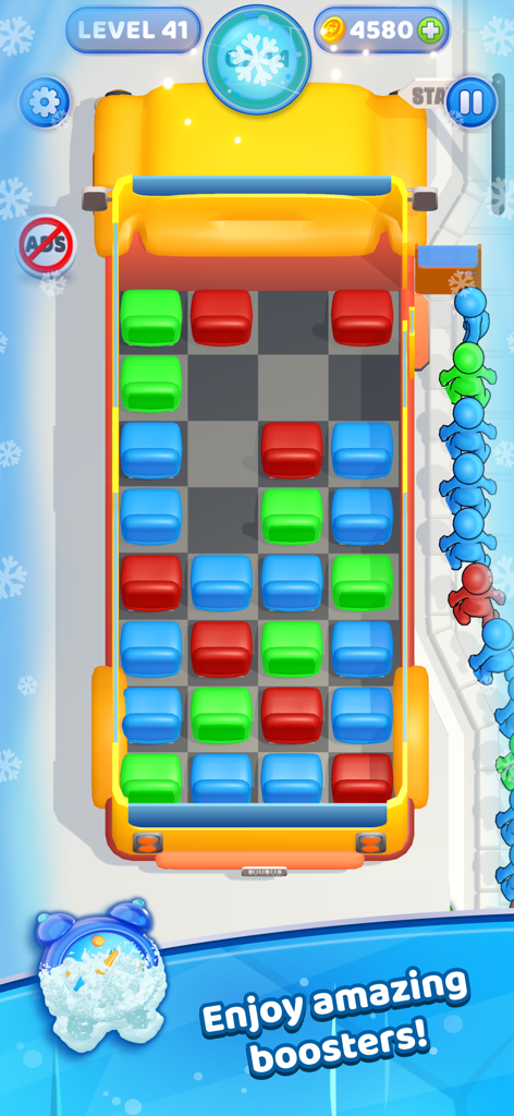 Seat Away - A top down view of a bus seat sorting puzzle in Seat Away featuring colorful seats and winter themed boosters