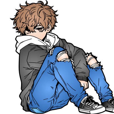 a male hoddie ripped jeans messy hair anime