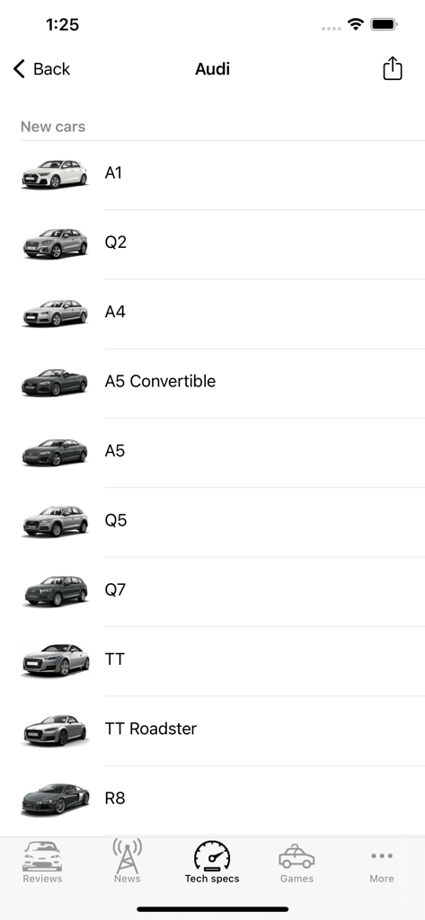 Eine Liste von Audi-Automodellen, einschließlich A1, Q5 und R8, die im Abschnitt "Technische Daten" der Autozine-App angezeigt werden.