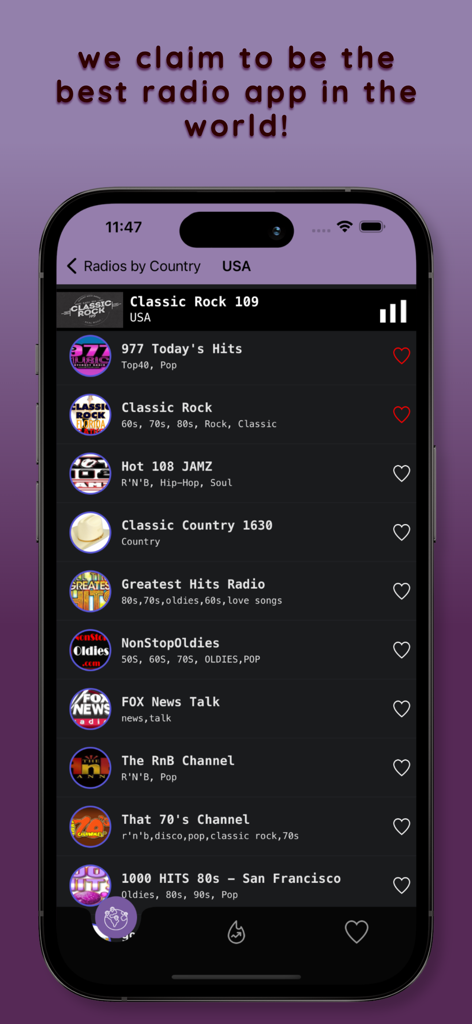 Yagia Radio: Live FM AM Tuner - Yagia Radioアプリのインターフェース。アメリカのライブラジオ局のリストが表示されており、ニュースや音楽のジャンルが含まれています。