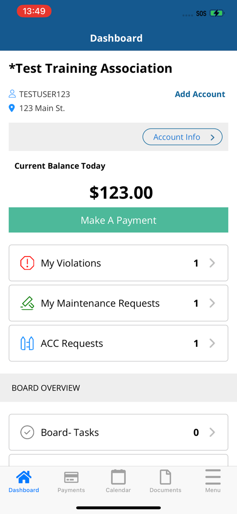 Merit Go! - The Merit Go app dashboard displaying account balance, payment options, and HOA maintenance requests.
