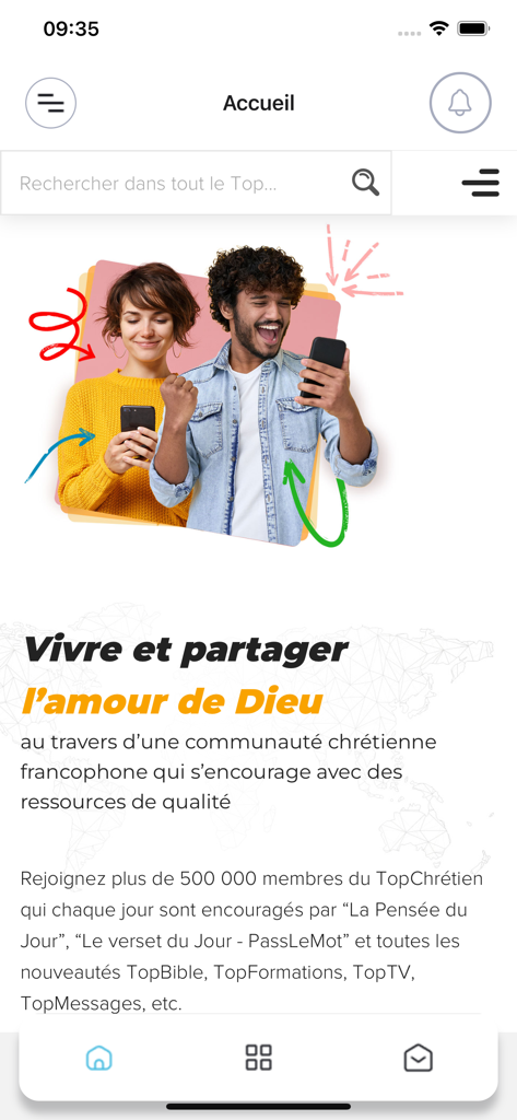 TopChrétien - TopChretien app home screen in French displaying the welcome message Vivre et partager l'amour de Dieu with an illustration of two happy users