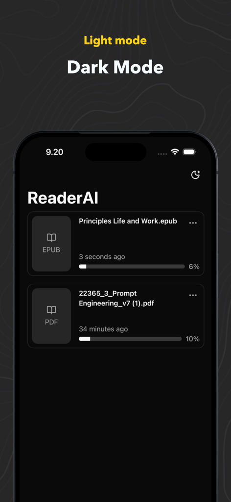 AI Reader: Read Aloud Pdf Book - Screenshot da aplicação ReaderAI a mostrar a biblioteca em modo escuro com documentos EPUB e PDF e barras de progresso de leitura