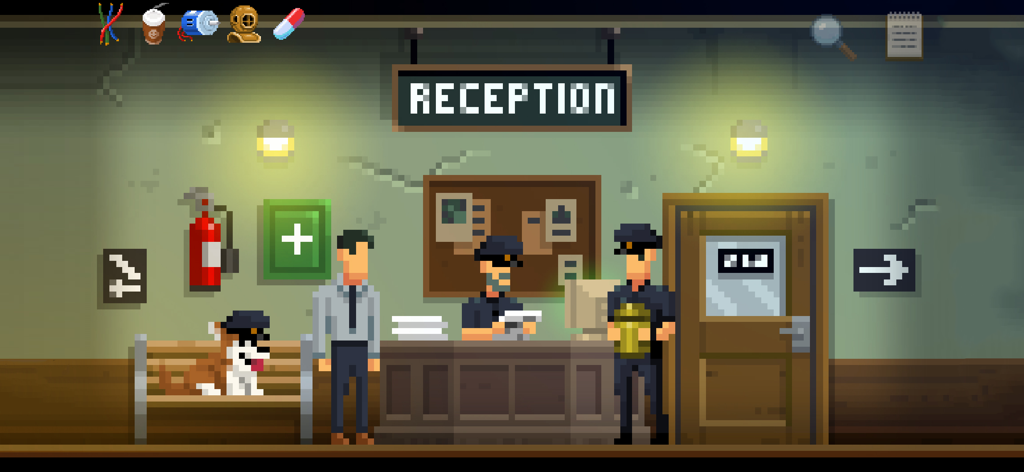 The Darkside Detective - A pixel art scene from The Darkside Detective showing Detective McQueen and officers at a reception desk