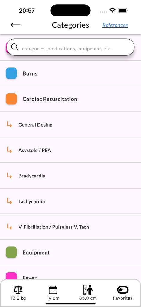 Pedi STAT EMS - Pedi STAT EMSアプリのカテゴリ画面。心停止蘇生や熱傷などの小児救急プロトコルがリストされています。