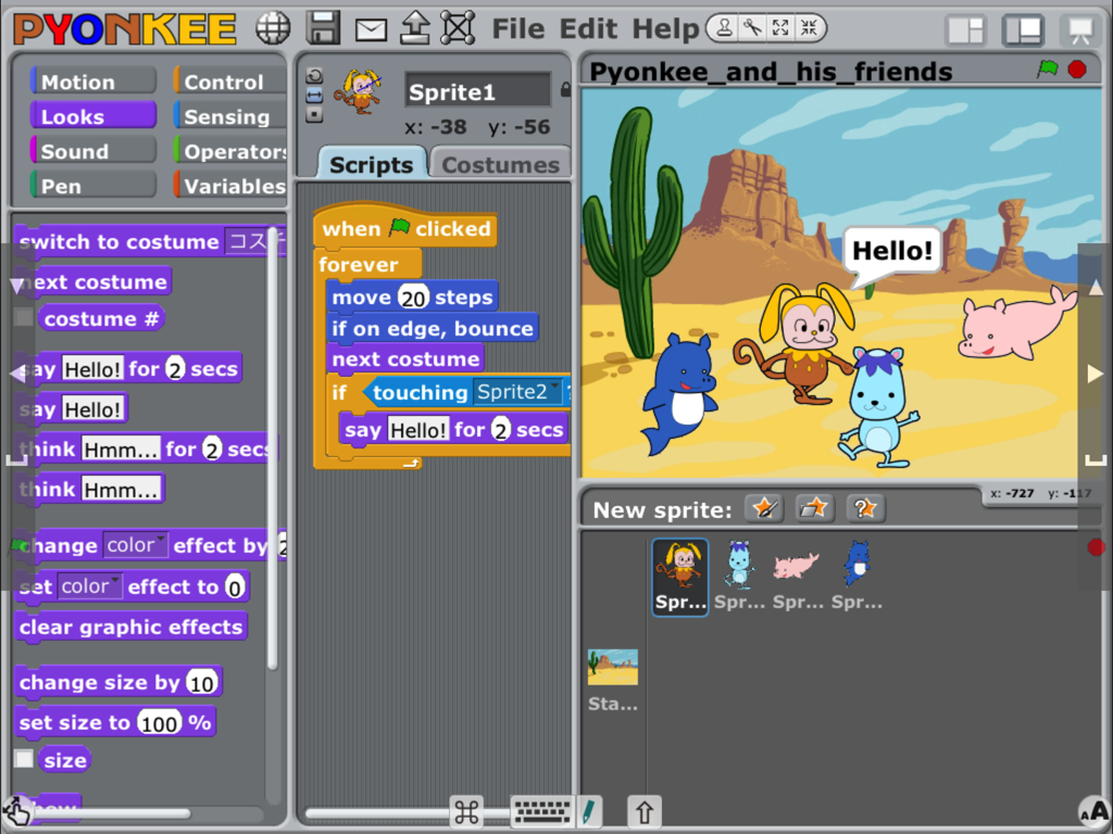 Pyonkee - Pyonkee app interface showing block-based coding and animated characters in a desert scene