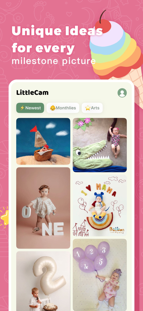 Baby AI Photo Editor LittleCam - Interface do aplicativo mostrando vários modelos criativos de fotos de bebê para marcos e rastreador de crescimento mensal.