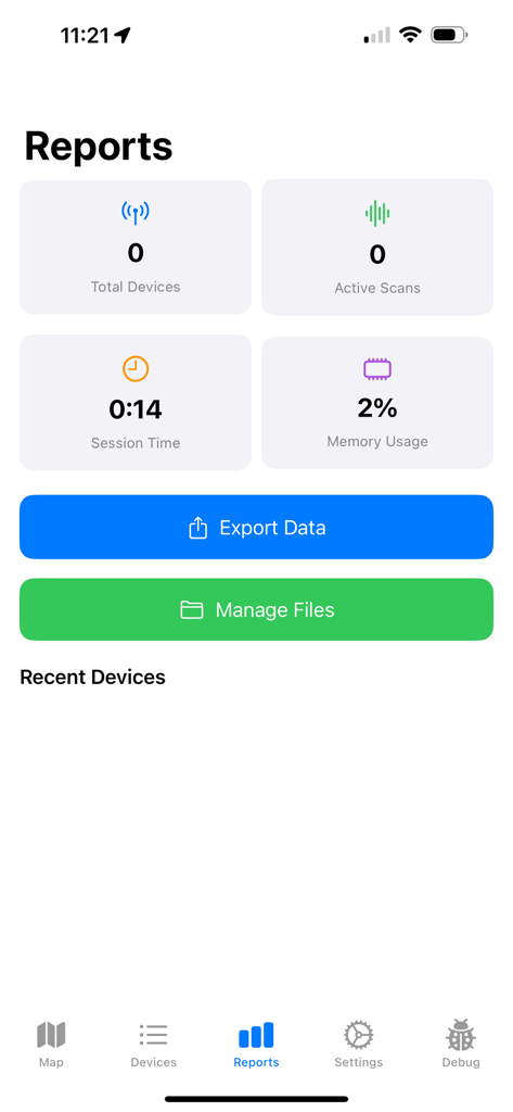 RF Aware - RF Aware app reports dashboard showing device statistics session time and data management options
