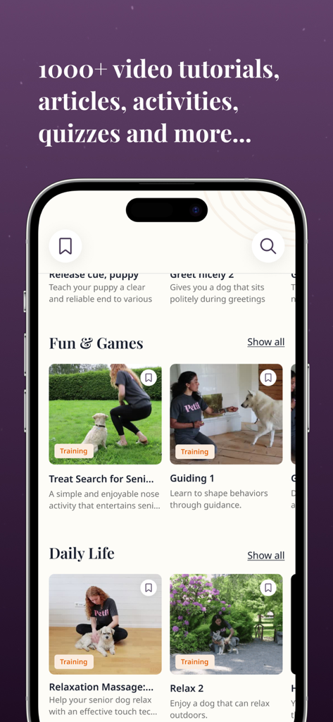 Petli:Dog Training & Community - Smartphone screen showing the Petli app library of dog training video tutorials and activities.