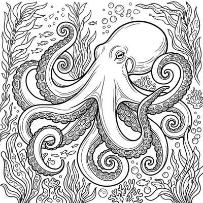 Explore the deep blue with this captivating Giant Pacific Octopus coloring page, perfect for marine life enthusiasts. Its elaborate tentacles and vibrant underwater world invite you to unleash your creativity.