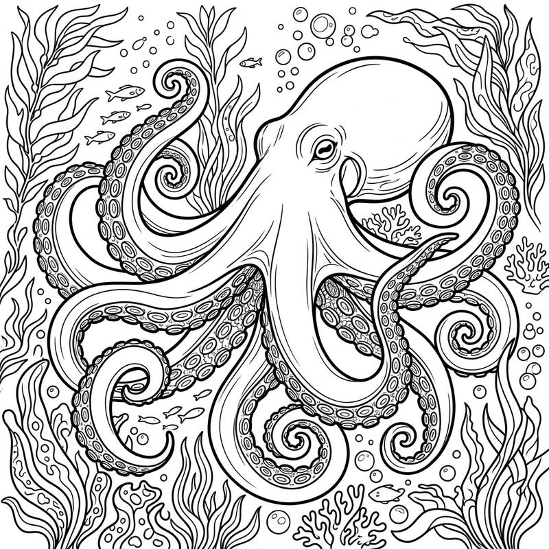 Explore the deep blue with this captivating Giant Pacific Octopus coloring page, perfect for marine life enthusiasts. Its elaborate tentacles and vibrant underwater world invite you to unleash your creativity.