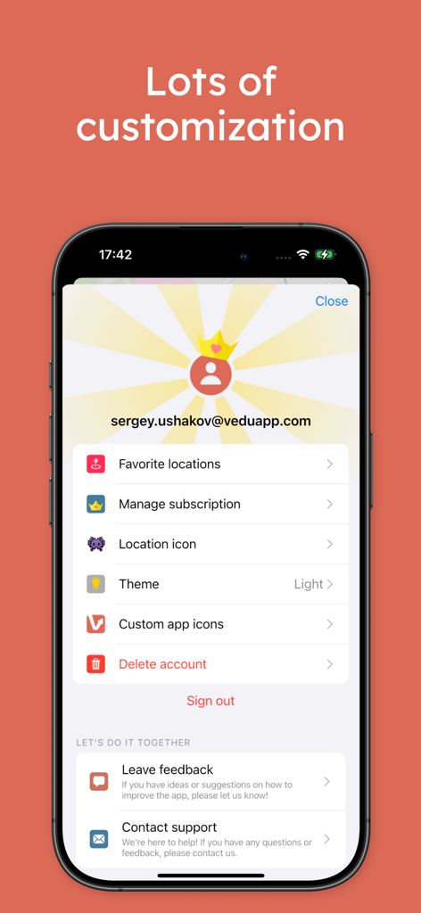 Vedu - Tallinn Transport - Tela de configurações da conta do aplicativo Vedu mostrando opções de personalização para ícones e temas