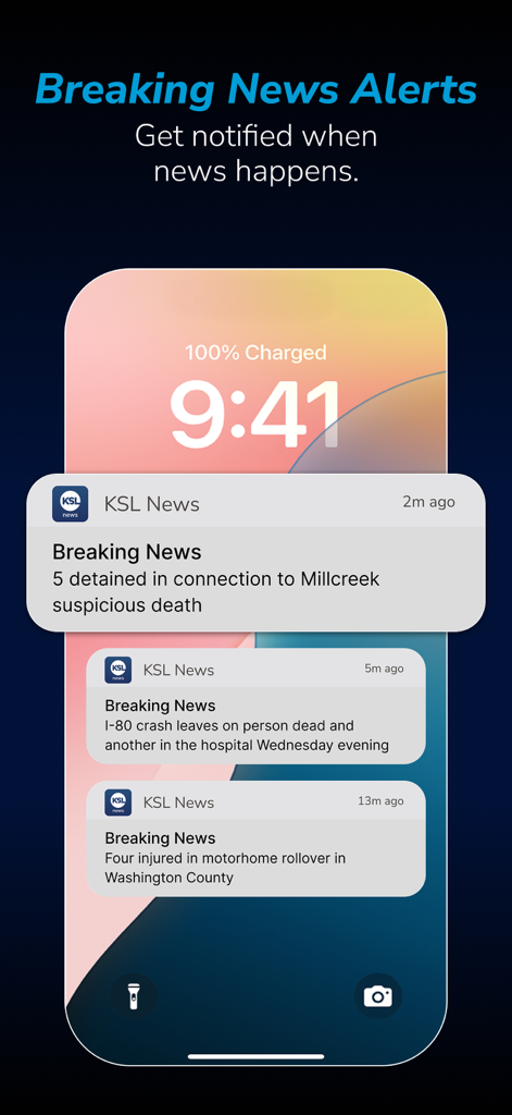 Pantalla de bloqueo de un teléfono inteligente que muestra múltiples notificaciones de noticias de última hora de la aplicación KSL News Utah