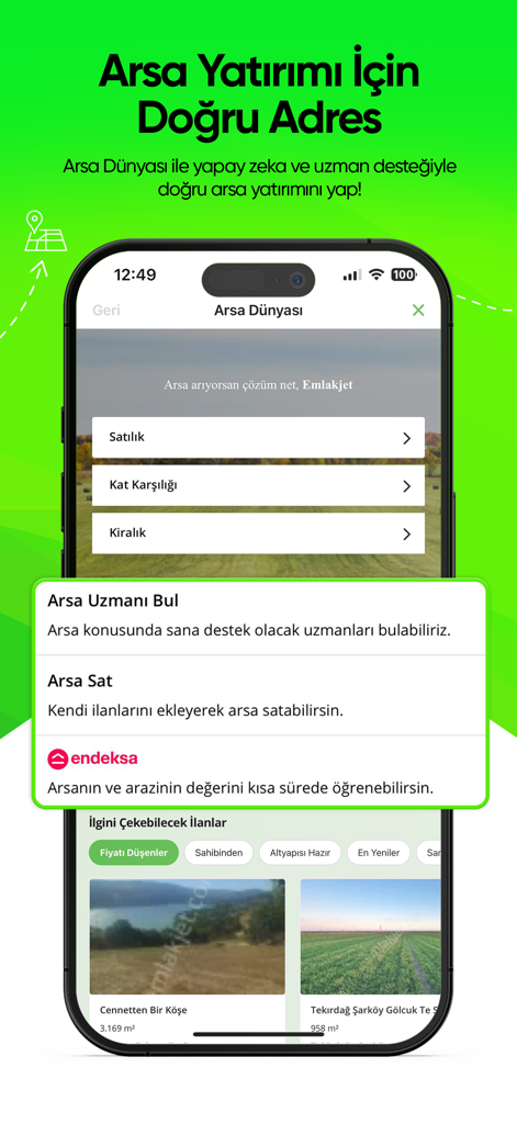 Emlakjet: Emlak Ara & İlan Ver - Emlakjet app interface for land investment with AI support and expert consulting features
